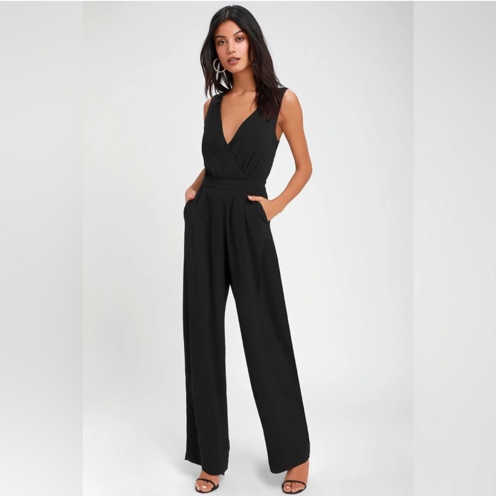 Lulus Kiska Black Lace Wide-Leg V Neck Tank Jumpsuit Size Small